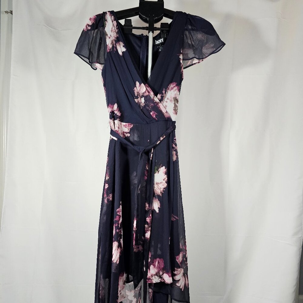 DKNY Womens Navy Floral Midi Flutter Sleeve Wrap Dress Size 6 - Picture 2 of 12